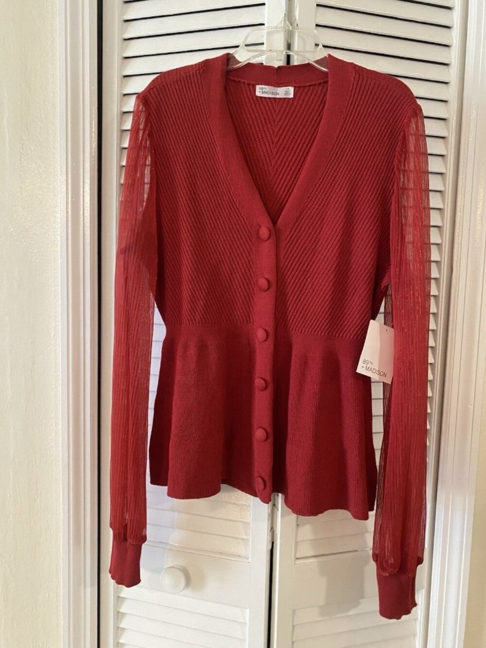 89th & Madison Red Cardigan Sweater Button Up Ribbed Sheer Sleeves Fall NWT Sz L